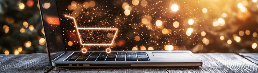 Obraz premium Laptop with glowing shopping cart icon.