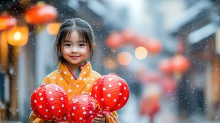 Adorable Girl in Kimono with Lanterns during Snowy Day
