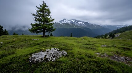 Fototapeta premium Stunning Green Landscape Surrounded by Majestic Mountains Under a Cloudy Sky : Generative AI