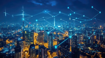 Naklejka premium A smart city at night powered by renewable energy, including biomass and solar sources.