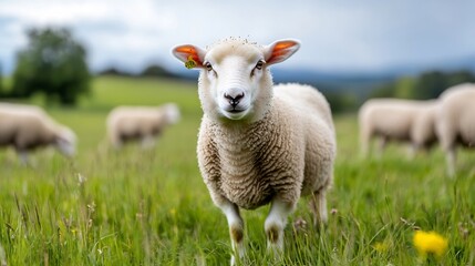 Obraz premium Adorable sheep standing in a lush green meadow under a cloudy sky captivating rural landscape : Generative AI