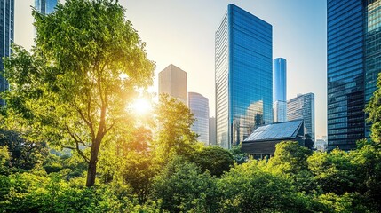 Obraz premium A smart city with energy-efficient buildings, green rooftops, and solar-powered streetlights.