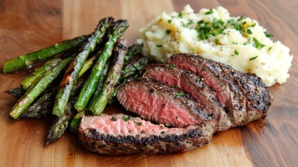 A rustic wooden table featuring a medium-rare steak, sliced to reveal its pink center, accompanied by a side of creamy mashed potatoes and grilled asparagus.