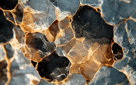 Abstract image of gold and gray fractured surfaces, resembling a cracked stone or crystal texture.  The lighting emphasizes the depth and texture of the fragmented forms