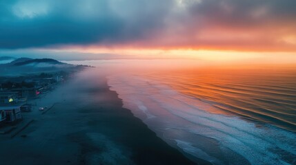 Fototapeta premium Aerial View of Seaside Oregon at Sunset: Vibrant Beach Scene with Surf, Sand, and Kitsch Neon Glow Amidst Fog