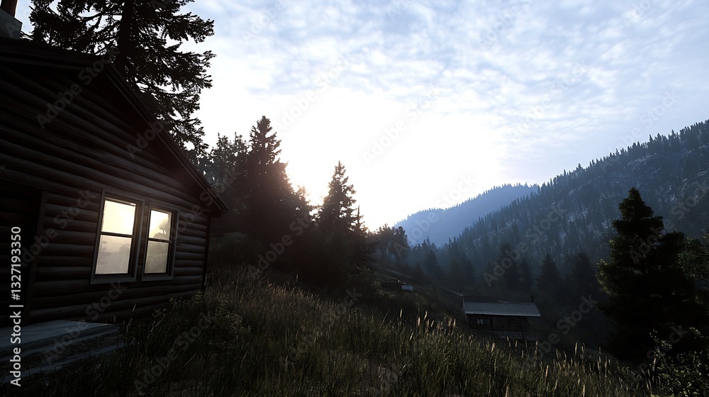 Aufkleber mountainous view at dusk with a cozy cabin surrounded by lush trees under a soft sky : generative ai