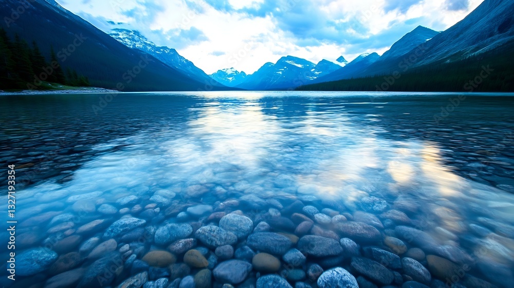 Poster serene mountain lake with clear water and rocky bottom under a cloudy sky : generative ai