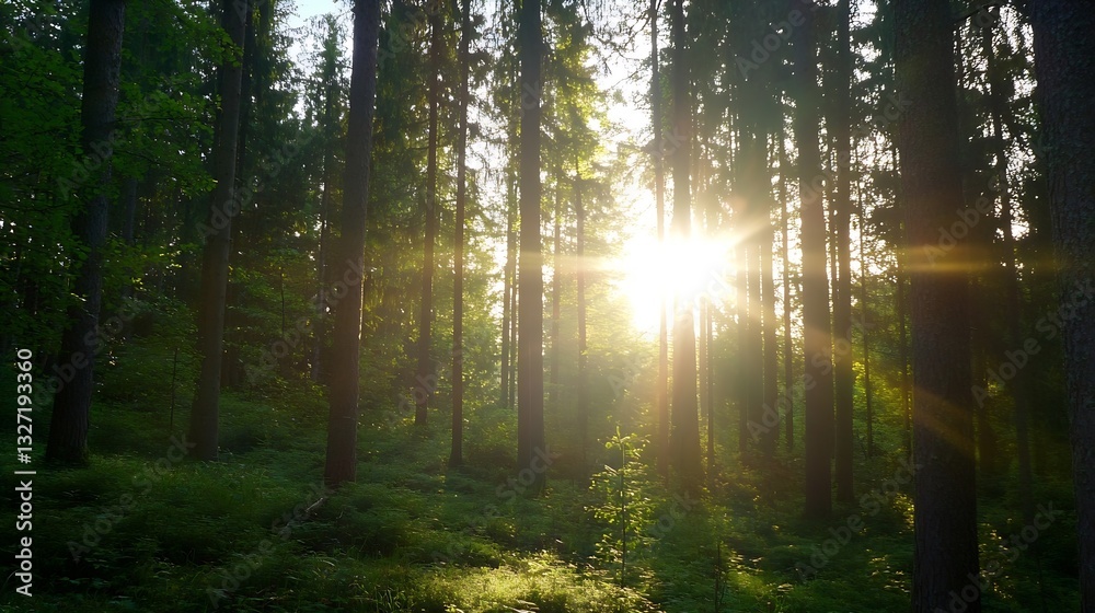 Poster Sunlight streaming through tall trees in a lush green forest creating magical atmosphere : Generative AI