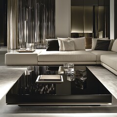 A black coffee table with a white top sits in a living room