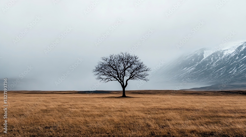 Poster Lonely tree standing in a vast field under grey skies surrounded by misty mountains : Generative AI