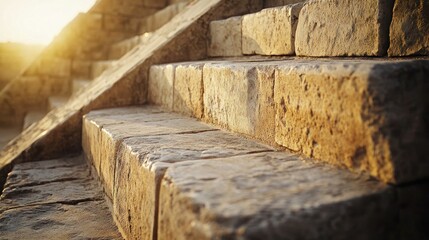 Sunlit stone staircase, conceptual architectural pathway under warm sunlight