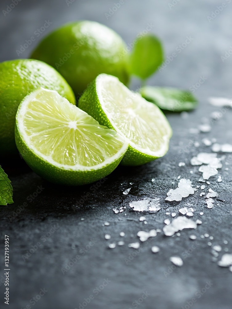 Aufkleber Halved limes on a dark surface with salt enhancing the vibrant freshness and zest of the citrus fruit : Generative AI
