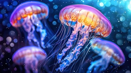 Naklejka premium Mesmerizing Jellyfish Underwater Scene: A Symphony of Colors and Grace
