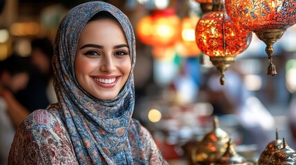 Smiling Woman in Hijab at a Bazaar