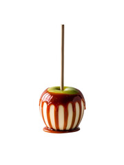 A striped candy apple on a wooden stick, covered in glossy red caramel