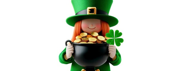 Animated Leprechaun Holding Pot of Gold and Shamrock Celebrating Saint Patricks Day Festive Scene