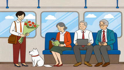 Public Transport Scene with Diverse Passengers with flowers in hand and Guide Dog – Modern Illustration