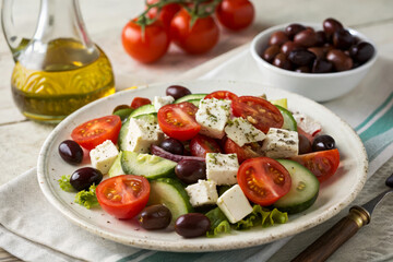 Mediterranean Inspired Greek Salad with Juicy Tomatoes and Fresh Ingredients for Health