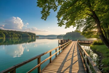 Obraz premium Tranquil Lake Escape A Serene Wooden Dock Extending Over Pristine Waters, Mirroring Lush Green Hills Under A Bright, Sunny Sky