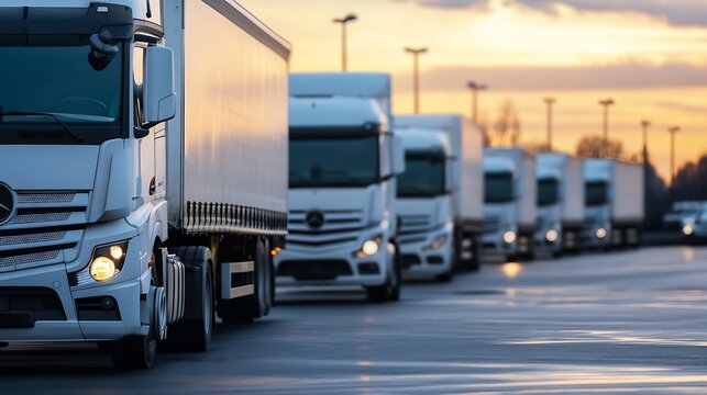 Busy fleet of white trucks lined up at sunset creating a striking semi industrial landscape : Generative AI