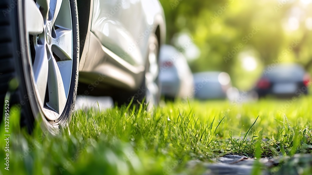 Aufkleber low angle view of a parked car with the sunny landscape and lush grass around emphasizing the serene