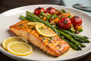 Grilled Salmon Fillet with Lemon Garlic Sauce and Fresh Vegetables on Elegant Plate