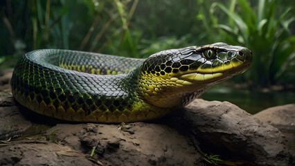 Fototapeta premium Green Snake Coiled on Rock with Lush Foliage Near Water