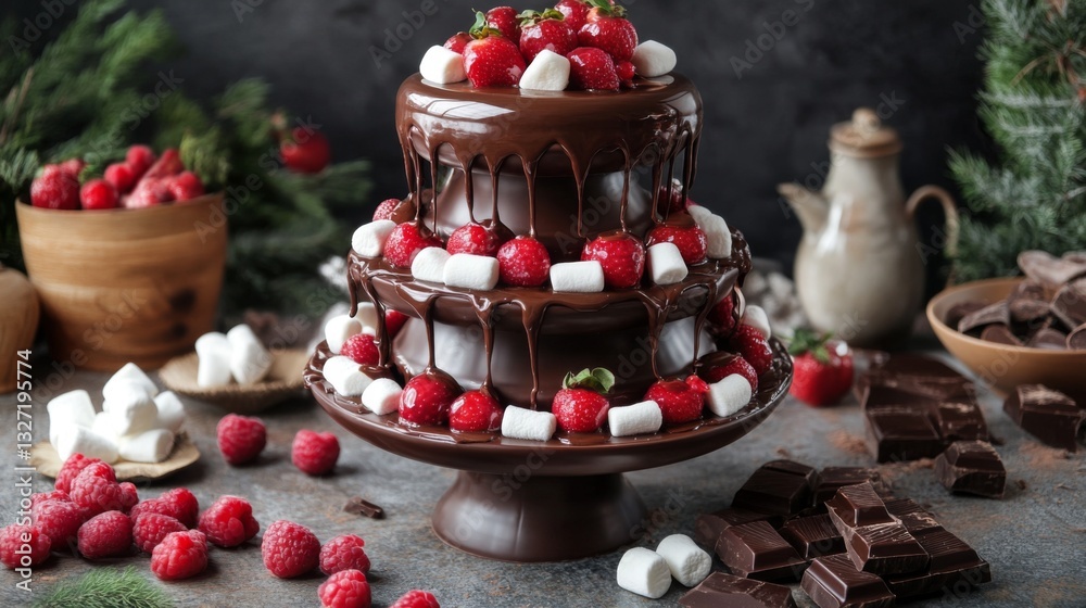 Poster a stunning image of a chocolate fountain cascading with smooth, melted chocolate, surrounded by fres