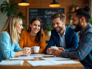 Fototapeta premium Business Meeting in a Cafe Setting with Diverse Professionals Engaged in Casual Conversation Over Coffee in a Warm and Modern Workplace Atmosphere