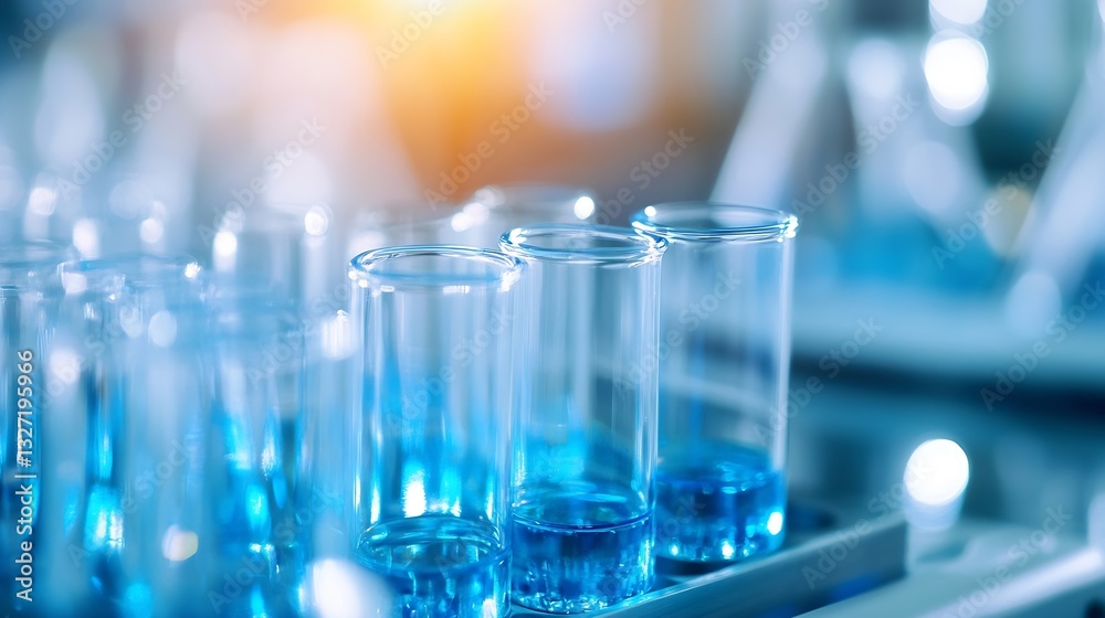 Poster bright and colorful laboratory test tubes filled with blue liquid showcasing chemistry and science c
