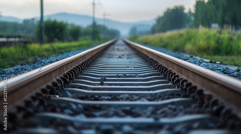 Poster perspective view of railway tracks stretching into the distance surrounded by lush greenery : genera