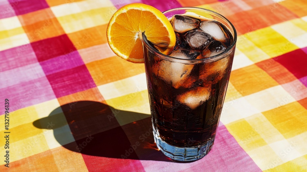 Poster a tall glass of bright soda with a slice of orange and ice, placed on a vibrant tablecloth, creating