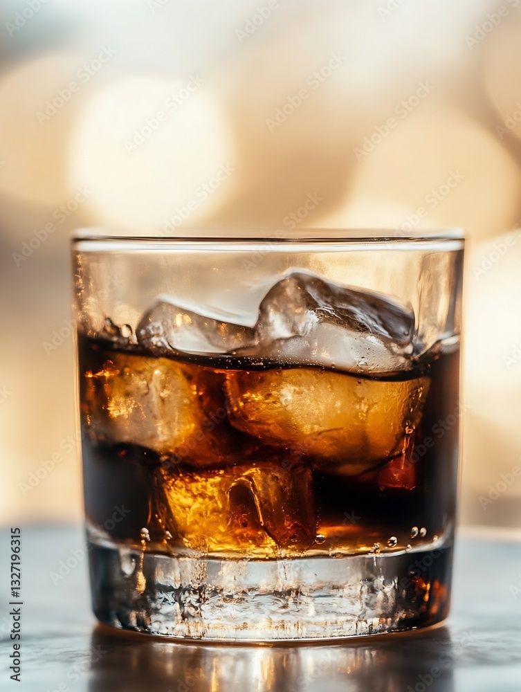 Poster A refreshing glass of whiskey with ice cubes on a stylish surface in a cozy setting : Generative AI