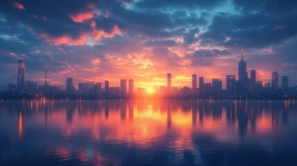 Fototapeta premium City Skyline at Dusk with Sustainable Energy Sources. Generative AI