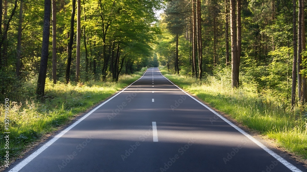 Poster picturesque empty road stretching through a serene forest with lush greenery : generative ai