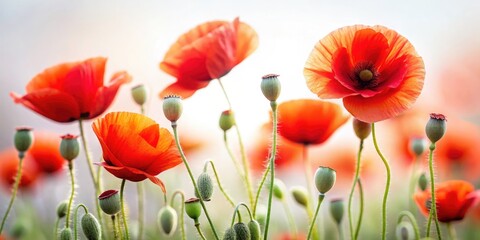 Obraz premium Tilt-Shift Poppies: Blooming Buds on White Background - Miniature Flower Photography
