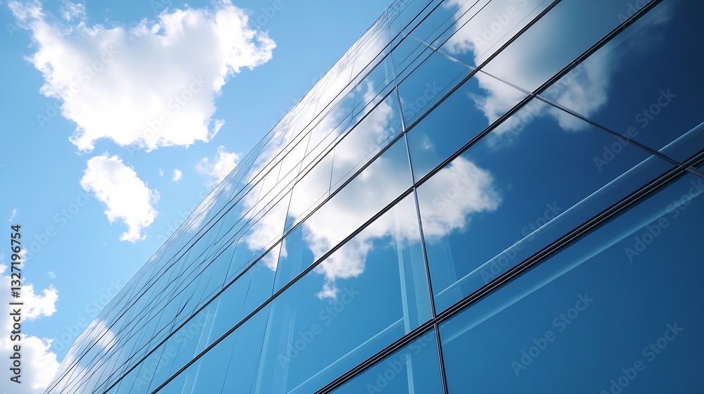 Aufkleber modern building glass facade reflecting clouds in bright blue sky during daylight hours : generative