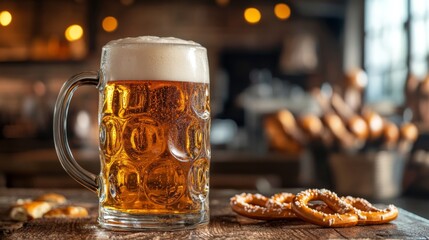 A traditional beer stein filled with a frothy beverage, placed on a wooden table, with pretzels and beer-related decor in the background.