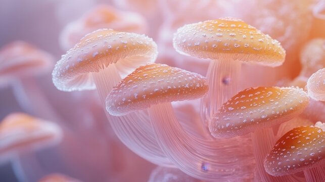 Abstract Mushrooms Floating in a Soft Gradient Background. Generative AI
