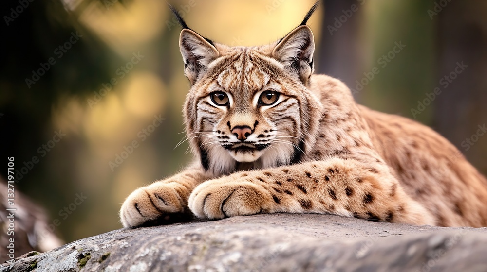 Poster majestic lynx resting calmly on a rock with a beautiful natural background : generative ai