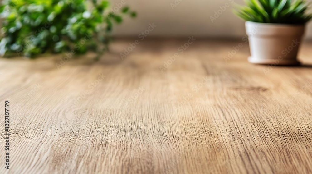 Poster close up view of a wooden table surface with a potted plant for a fresh natural vibe : generative ai