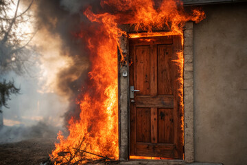 Wooden Door Surrounded by Intense Flames and Smoke with Fiery Glow