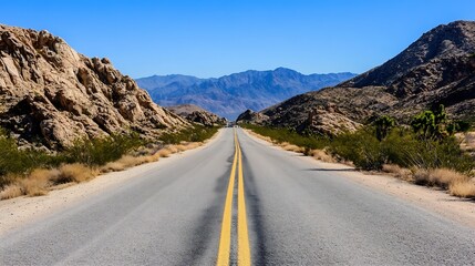Endless straight road leading through rugged desert landscape under a clear blue sky : Generative AI