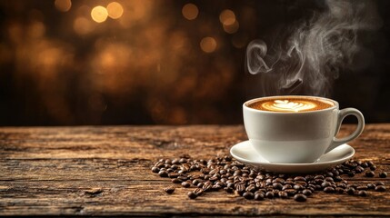 Obraz premium Steaming Latte on Rustic Wooden Table