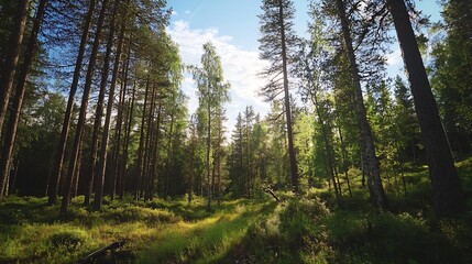 Obraz premium Sunlight filtering through tall trees in a beautiful serene forest landscape : Generative AI