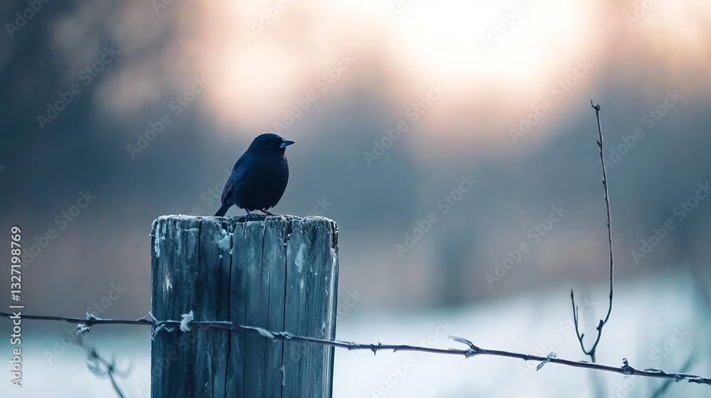 Poster isolated black bird perched on a weathered wooden post against a blurred background : generative ai