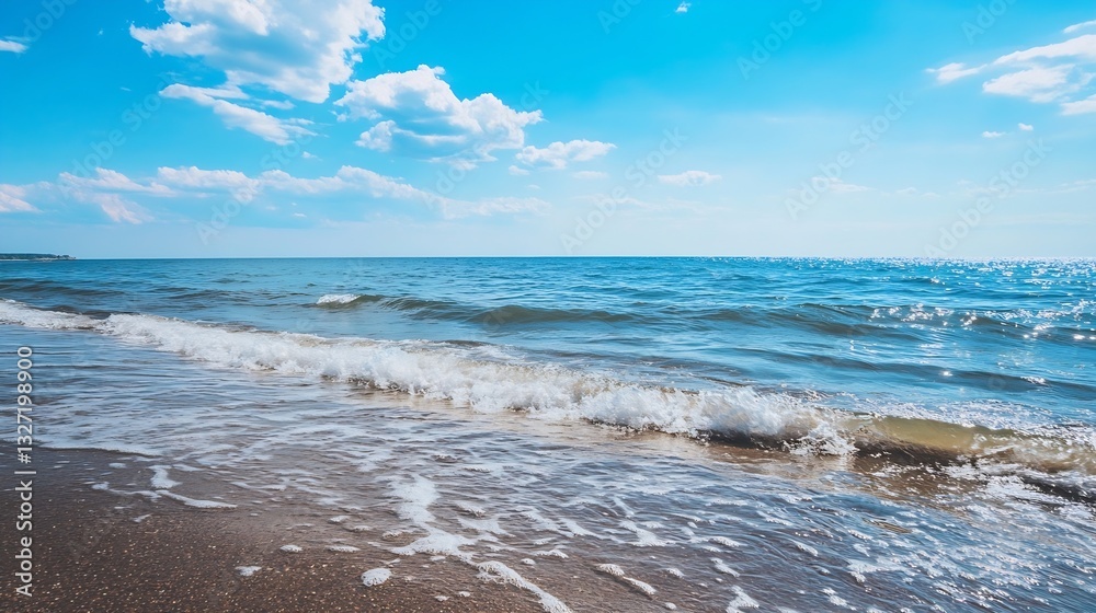 Poster vibrant beach scene with gentle waves lapping on the shore under a bright blue sky and fluffy clouds