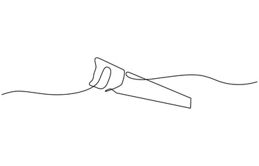 Fototapeta premium Continuous line drawing of wood saw.one line drawing of carpenter equipment saw, Hand saw continuous line drawing. Home tool for cutting wood. Simple hand drawn style vector design element.