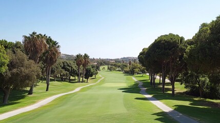 Obraz premium A well-maintained golf course with a long, winding path leading to a distant hole, with tall trees lining the fairway and clear skies above.
