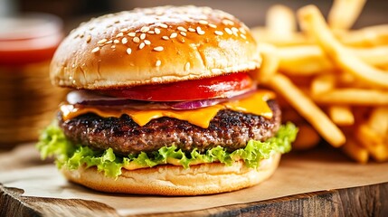 Delicious cheeseburger with lettuce tomato and onion served with crispy fries on a wooden board : Generative AI